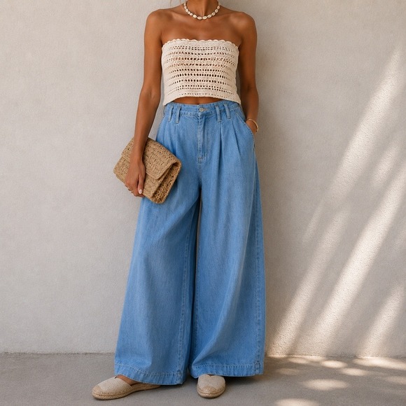 Zara Denim - Chambray Wide Leg Jeans Womens 2 Blue Pleated Paperbag Waist Trousers Boho Chic